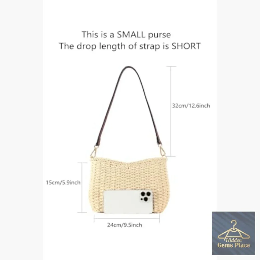 Small Hand Woven Straw Shoulder Bag Mini Purse Beach Vacation - Picture 3 of 6
